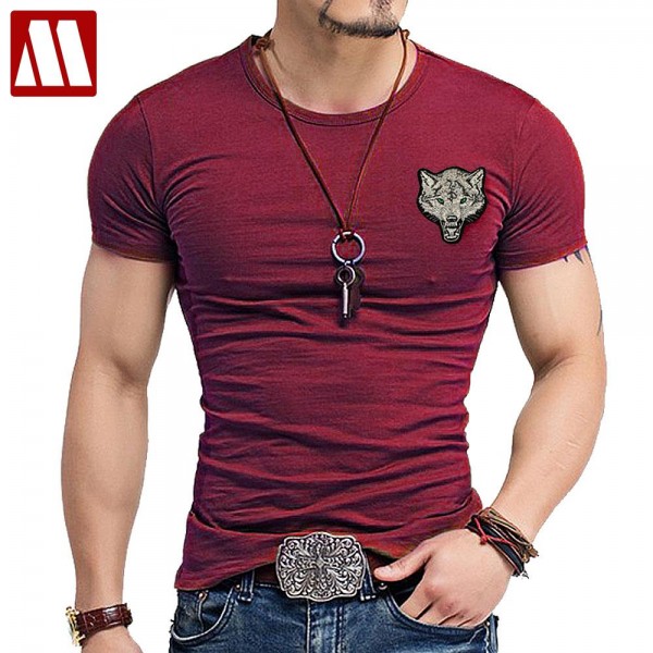 2017 Brand Men's Wolf embroidery Tshirt Cotton Short Sleeve T Shirt Spring Summer Casual Men's O neck Slim T-Shirts Size S-5XL