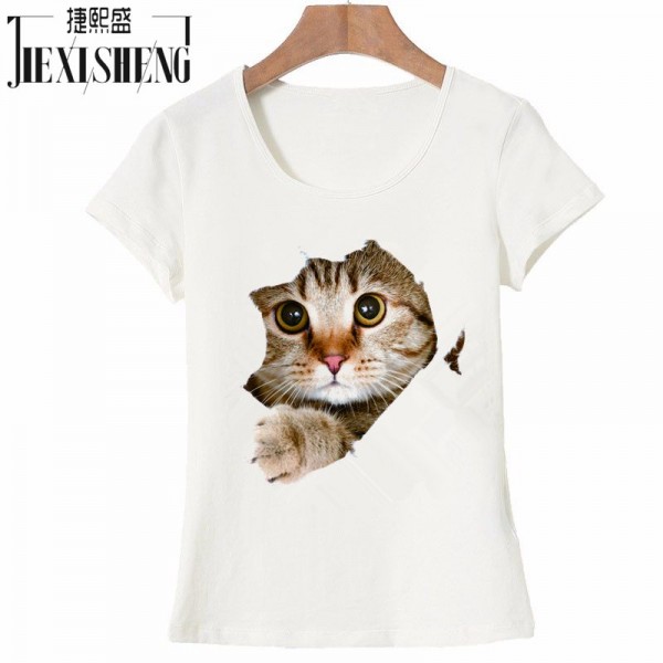 2017 Brand New Fashion Summer Harajuku Animal Cat Print Shirt O-Neck Short Sleeve T Shirt Women Tops White Pink Yellow T-shirt