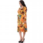 2017 Casual Sexy Women Summer Dress Yellow Printed Ruffles Midi Floral Dress V Neck Long Sleeve Plus Size Dress  4XL 5XL 6XL 7XL