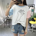 2017 College Harajuku Hit Color Sleeves Summer Funny T shirts Women Fashion OK Gesture Loose Girls Top Female T-shirt Plus Size