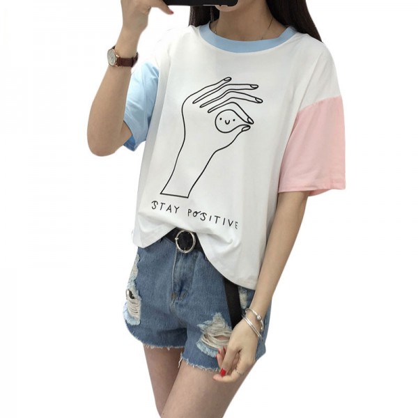 2017 College Harajuku Hit Color Sleeves Summer Funny T shirts Women Fashion OK Gesture Loose Girls Top Female T-shirt Plus Size