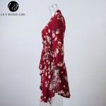 2017 Elegant Long Sleeve Red Floral Print Boho Autumn Dress Cross Over Sashes V Neck Women Dresses Party Club Sexy Vestidos