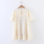 2017 Embroidery Flower Spliced Lace Dress Ethnic New Woman Hollow Out Lace Wrinkle Cotton Short Sleeve Cotton Dresses