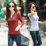 2017 Fashion Slim Solid Plus Size T shirt Summer Women V Neck Short Sleeve Cotton Tshirt Casual Black/White/Grey Tops Tees B178