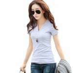 2017 Fashion Slim Solid Plus Size T shirt Summer Women V Neck Short Sleeve Cotton Tshirt Casual Black/White/Grey Tops Tees B178