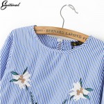 2017 Fashion Women Blue Striped Floral Embroidery Shirt Long Sleeve o-neck Blouse Female Casual Office Wear Brand Tops Blusas