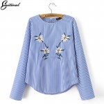 2017 Fashion Women Blue Striped Floral Embroidery Shirt Long Sleeve o-neck Blouse Female Casual Office Wear Brand Tops Blusas
