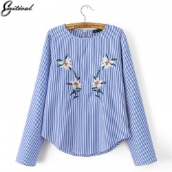 2017 Fashion Women Blue Striped Floral Embroidery Shirt Long Sleeve o-neck Blouse Female Casual Office Wear Brand Tops Blusas