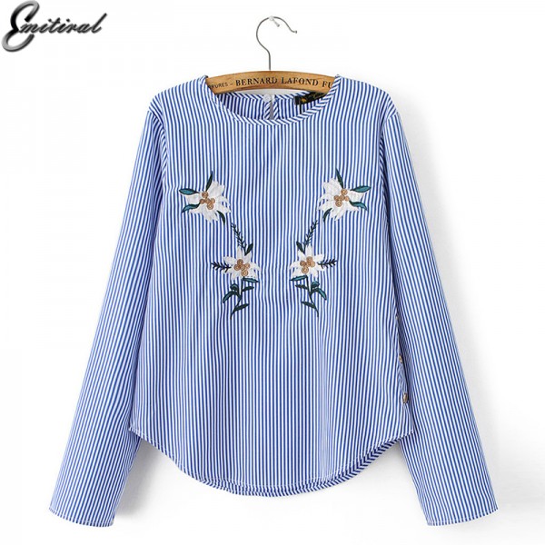 2017 Fashion Women Blue Striped Floral Embroidery Shirt Long Sleeve o-neck Blouse Female Casual Office Wear Brand Tops Blusas