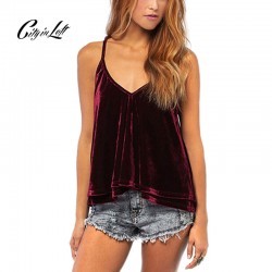 2017 Fashion Women Plus Size Tops Sexy Deep V-Neck Backless Sleeveless Velvet Straps Solid Loose Velvet Camis Tank Tops 716