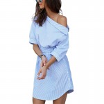 2017 Fashion one shoulder Blue striped women dress shirt Sexy side split Elegant half sleeve waistband OL girls  beach dresses