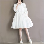 2017 Free Shipping Summer Autumn Women White Flowers Cotton Dress Loose Casual Solid O-neck Knee-length  Dresses Designs