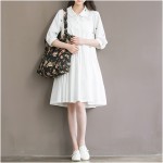 2017 Free Shipping Summer Autumn Women White Flowers Cotton Dress Loose Casual Solid O-neck Knee-length  Dresses Designs