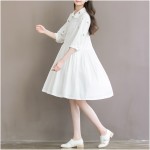 2017 Free Shipping Summer Autumn Women White Flowers Cotton Dress Loose Casual Solid O-neck Knee-length  Dresses Designs
