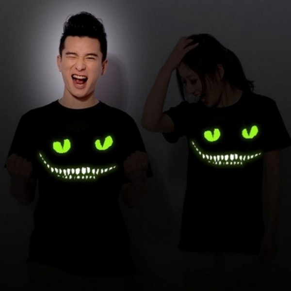 2017 High Quality Black Noctilucent Print Dark Devil  Cheshire Cat Night Light Short Sleeve Men's Novelty Funny Luminous T-shirt
