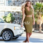 2017 Hot Free shipping! Must Have Solid Color Fashion Choker Deep Vneck Two-pieces Set Celebrity Wear Bandage Dress