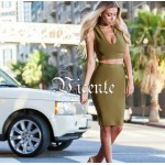2017 Hot Free shipping! Must Have Solid Color Fashion Choker Deep Vneck Two-pieces Set Celebrity Wear Bandage Dress