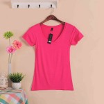 2017 Hot Sale Stretch Summer New Women T Shirts Ms Solid Color Short Sleeve tshirt Women's Fashion Cotton V-neck T-shirt W00622
