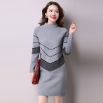 2017 Korean Style Knitted Women Sweater Dress Sweter Mujer Striped Half Turtleneck Long Sleeve Mini Women Sweater