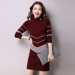 2017 Korean Style Knitted Women Sweater Dress Sweter Mujer Striped Half Turtleneck Long Sleeve Mini Women Sweater