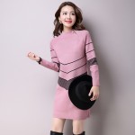 2017 Korean Style Knitted Women Sweater Dress Sweter Mujer Striped Half Turtleneck Long Sleeve Mini Women Sweater