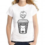 2017 Ladies Fashion doodle coffee and cat Design T shirt Novelty Tops Lady Custom Printed Short Sleeve Tees