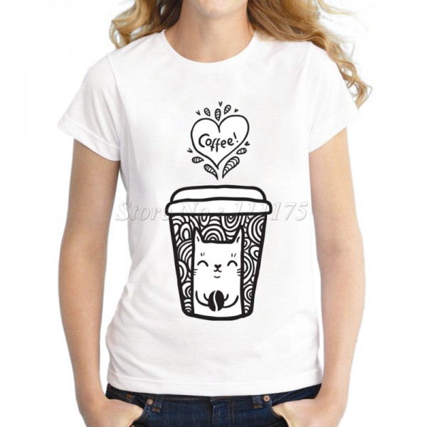 2017 Ladies Fashion doodle coffee and cat Design T shirt Novelty Tops Lady Custom Printed Short Sleeve Tees