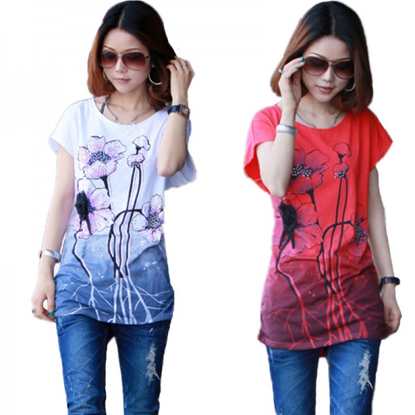 2017 Lotus Print Plus Size T Shirt Women Tops tshirt Short Sleeve Chinese ink painting style Summer Style Casual T Shirt female