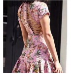 2017 Luxury Runway Woman Pink Tropical floral print Lattice Summer Dress cutout Crossover straps back lace trims Short Sleeved