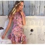2017 Luxury Runway Woman Pink Tropical floral print Lattice Summer Dress cutout Crossover straps back lace trims Short Sleeved