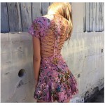 2017 Luxury Runway Woman Pink Tropical floral print Lattice Summer Dress cutout Crossover straps back lace trims Short Sleeved