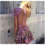 2017 Luxury Runway Woman Pink Tropical floral print Lattice Summer Dress cutout Crossover straps back lace trims Short Sleeved