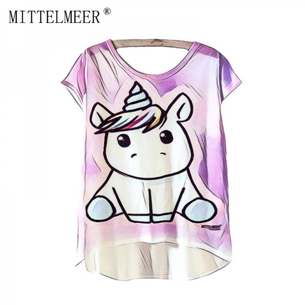 2017 MITTELMEER New kawaii t Shirt Women harajuk Crew Neck Top Short Sleeve unicorn irregular T-Shirt Summer Tee For Ladies