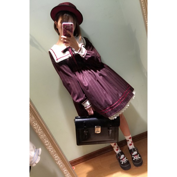 2017 Mori girls Japanese style sailor collar long sleeve stripe bowknot dress Lolita cosplay costumes uniform vestidos