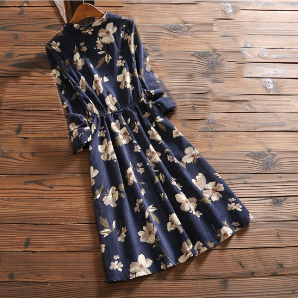 2017 New Arrival Spring Autumn Women Casual Dress Loose Waist Round Neck Printed Corduroy Vestidos Long Sleeve Vintage Dresses