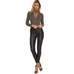2017 New Arrival T-Shirt Criss Cross Tie Up Women Sexy Ribbed T Shirt Summer Style Long Sleeve Tops Hollow Out Womens Top