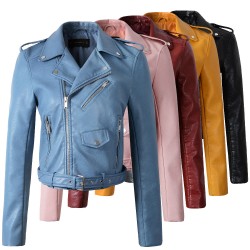 2017 New Autumn Witner Women Motorcycle Faux PU Leather Yellow Black Jackets Lady Biker Outerwear Coat with Belt Hot Sale