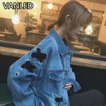 2017 New BF Style Denim Jacket Loose Long Sleeve Lace Up Women Jackets