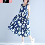 2017 New Big Size Summer Sundress Women Dress Sleeveless Floral Print Linen Sundress Female Casual Beach Large Size Blue Dress
