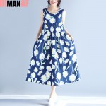 2017 New Big Size Summer Sundress Women Dress Sleeveless Floral Print Linen Sundress Female Casual Beach Large Size Blue Dress