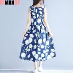 2017 New Big Size Summer Sundress Women Dress Sleeveless Floral Print Linen Sundress Female Casual Beach Large Size Blue Dress