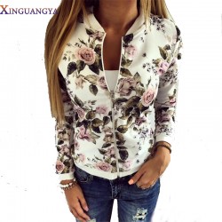 2017 New Bomber Jacket Print Flowers Women White Souvenir Jacket Coat Casual Baseball Jacket Sukajan Zipper chaquetas mujer