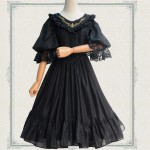 2017 New Classic Lolita Dress Sweet V Neck Embroidered Half Sleeve Chiffon Dress for Women Black/White