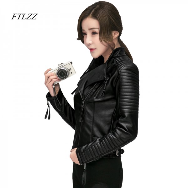 2017 New Fashion Spring Autumn Women Brand Faux Soft Leather Jackets Pu Black Blazer Zippers Coat Motorcycle Outerwear &Rivet