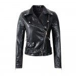 2017 New Fashion Women Faux Leather Jacket Ladies Motorcycle PU Black Long Sleeve Coat with Belt