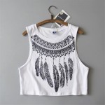 2017 New Fashion Women Sleeveless Bustier cool feather Print Crop Top Summer Casual Women white cotton Tops Vest Tank Tops