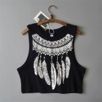2017 New Fashion Women Sleeveless Bustier cool feather Print Crop Top Summer Casual Women white cotton Tops Vest Tank Tops