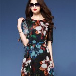 2017 New Floral Print Chiffon Summer Maxi Dresses Women Beach Bohemia Half Sleeve O-Neck Elegant Knee-Length Dress Plus Size