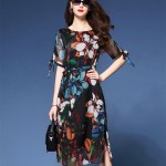 2017 New Floral Print Chiffon Summer Maxi Dresses Women Beach Bohemia Half Sleeve O-Neck Elegant Knee-Length Dress Plus Size