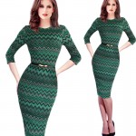 2017 New Free Shipping Summer/Autumn Neck Graceful Sleeve Striped Belt Received Pockets Digital Printing Pencil Dress Green